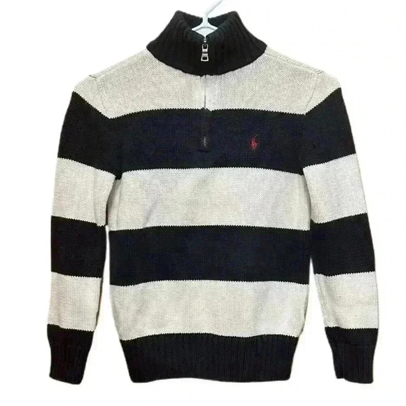 Polo Ralph Lauren Knit Boy Youth Sweater Small Black Ivory Striped Quarter Zip - Picture 2 of 7
